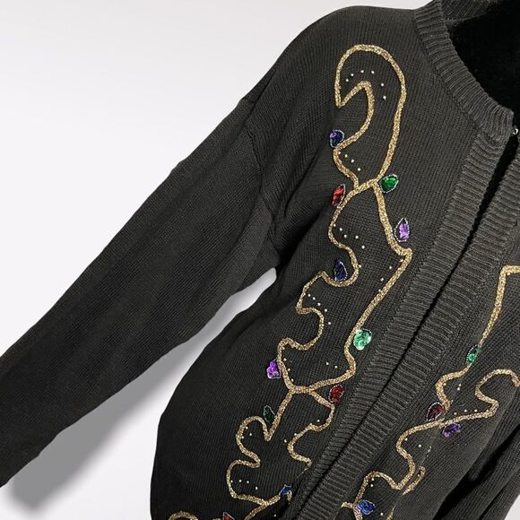 Ugly Christmas Sweater Cardigan One Hook Closure Embroidered Size Medium Rope - Picture 4 of 11